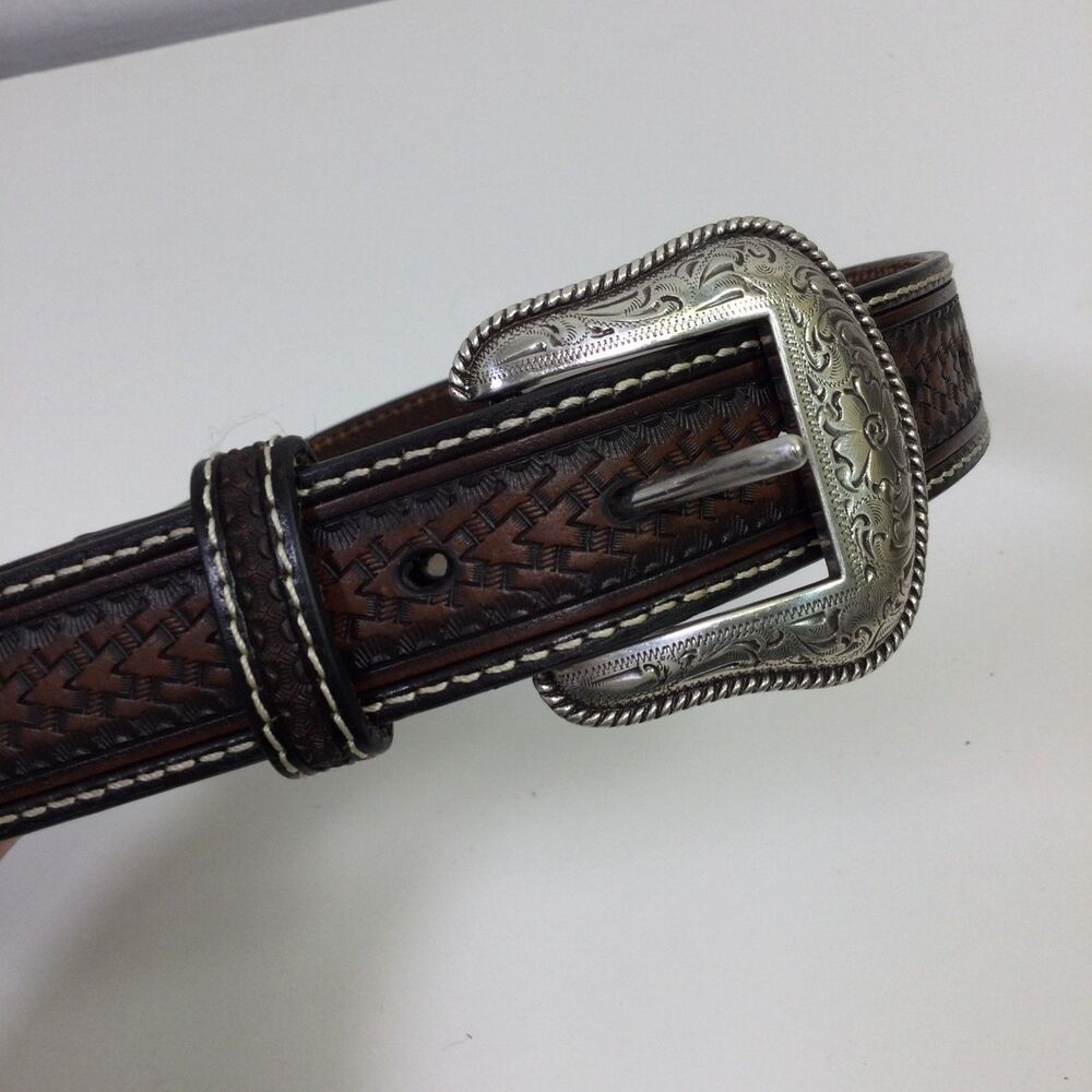 Nocona Youth Boys Western Belt Size 26 Brown Tooled Leather Basket weave Silver